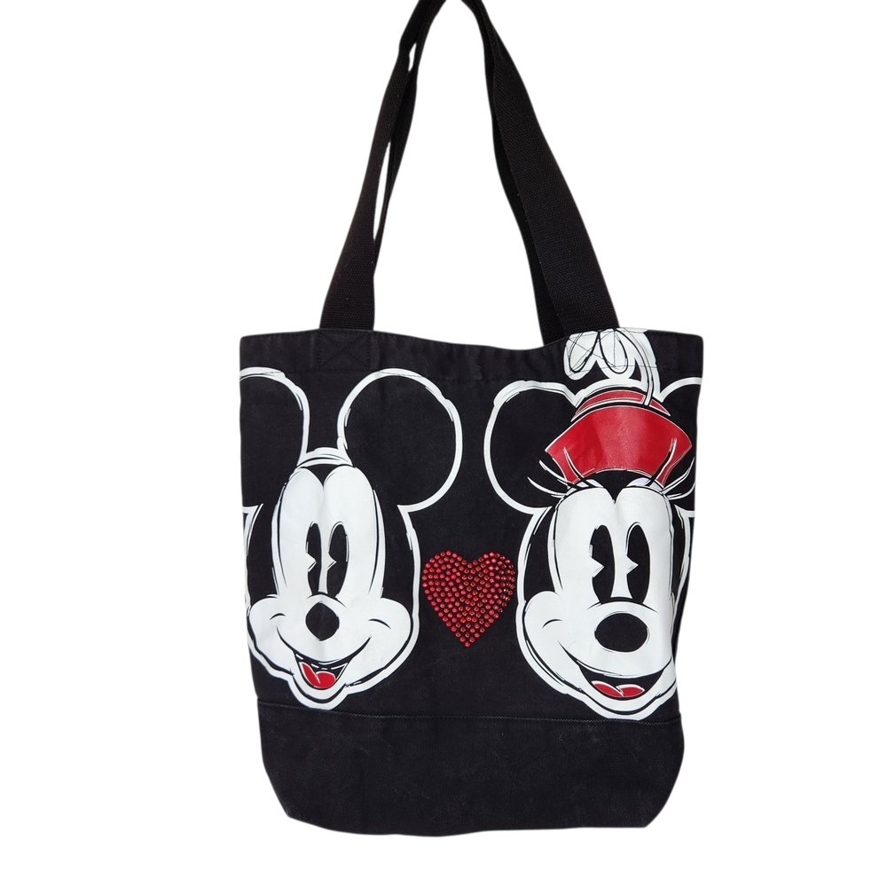 Disney Mickey & Minnie Mouse Tote Bag Black Denim Rhinestone Heart Shoulder Bag